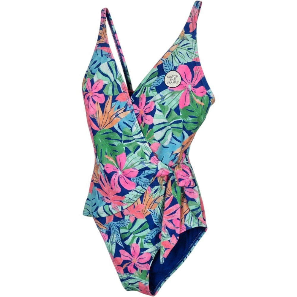 Member's Mark Womens Tropical Floral Wrap One Piece Swimsuit XS UPF 50 Pink Blue